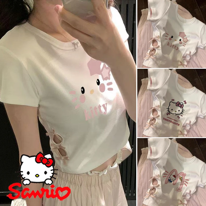 

Sanrio Hello Kitty T-shirt Y2K Fashion Women's Summer Simple Slimming Hollow Out Short Top Cartoon Cute Girls Crop Tops Gifts