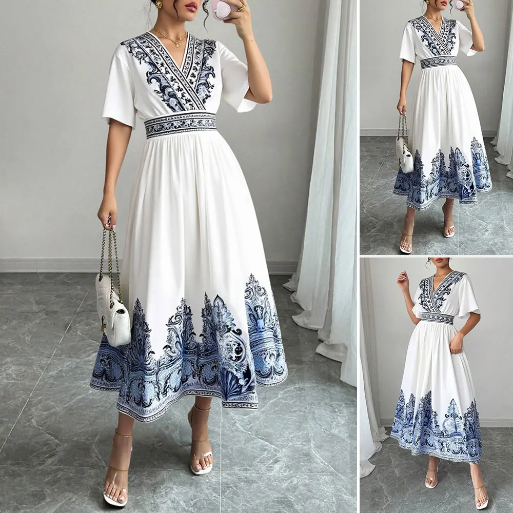 Rafiah Boutique Damen-Sommerkleid in Weiß, Midi-Kleid 2025, V-Ausschnitt, kurze Ärmel, blauer Stickerei und A-Linien-Silhouette, Freizeitkleidung