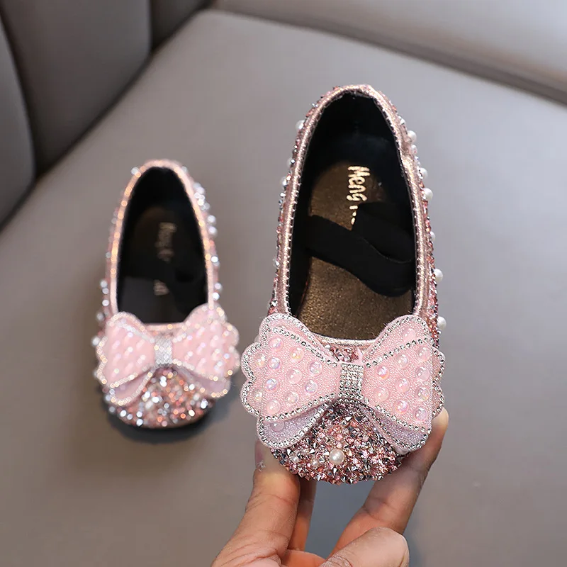 Girls Leather Shoes Fashion Butterfly Sequins Pearl Little Girl Shoes Soft Comfortable Flat Party Dance Kids Princess Shoes H806