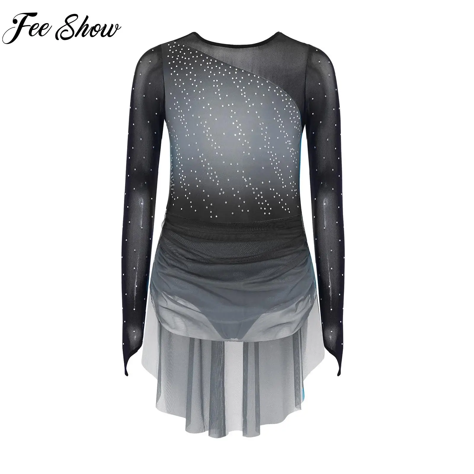 

Girls Fancy Figure Ice Skating Dress Lyrical Modern Dance Costume Long Sleeves Rhinestones Mesh Gradient Leotard Dress Dancewear