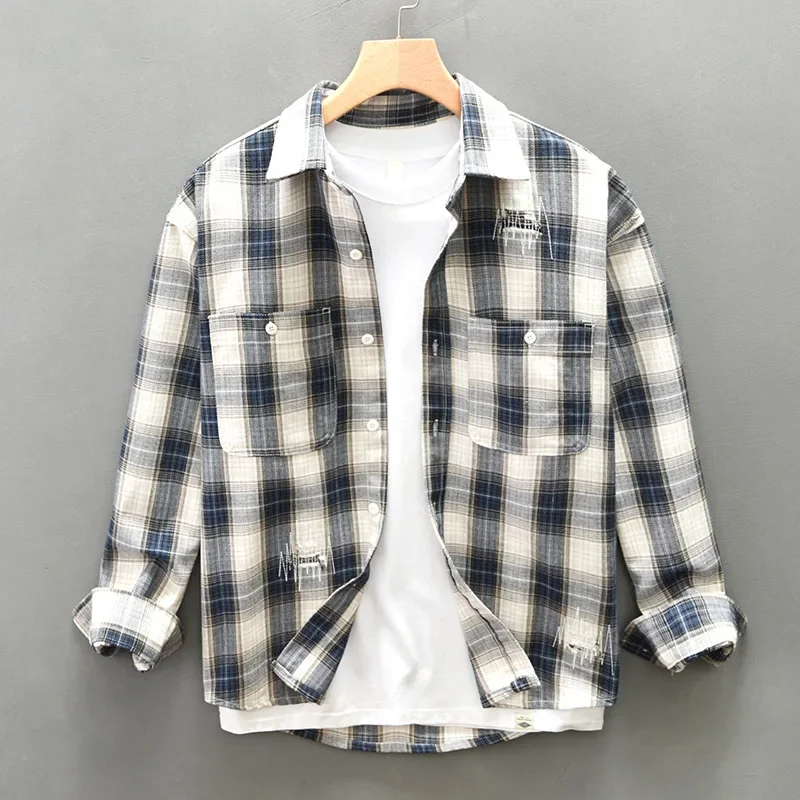 

2025 Fall New Vintage Plaid Shirt Man Japan Casual Mens Long Sleeve Shirts 4XL Double Pockets Loose Shirt Youth Fashion Clothing