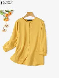 ZANZEA Women 3/4 Sleeve Blouses Casual O Neck Button Up Solid Shirts Elegant Pleated-Bib Cuff Daily Camisas Tops Fall 2024