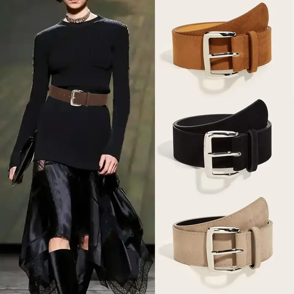 

Maillard Styles Suede Leather Wide Belt Trendy Casual Pin Waistband Versatile Luxury Design Trouser Dress Belts Gifts