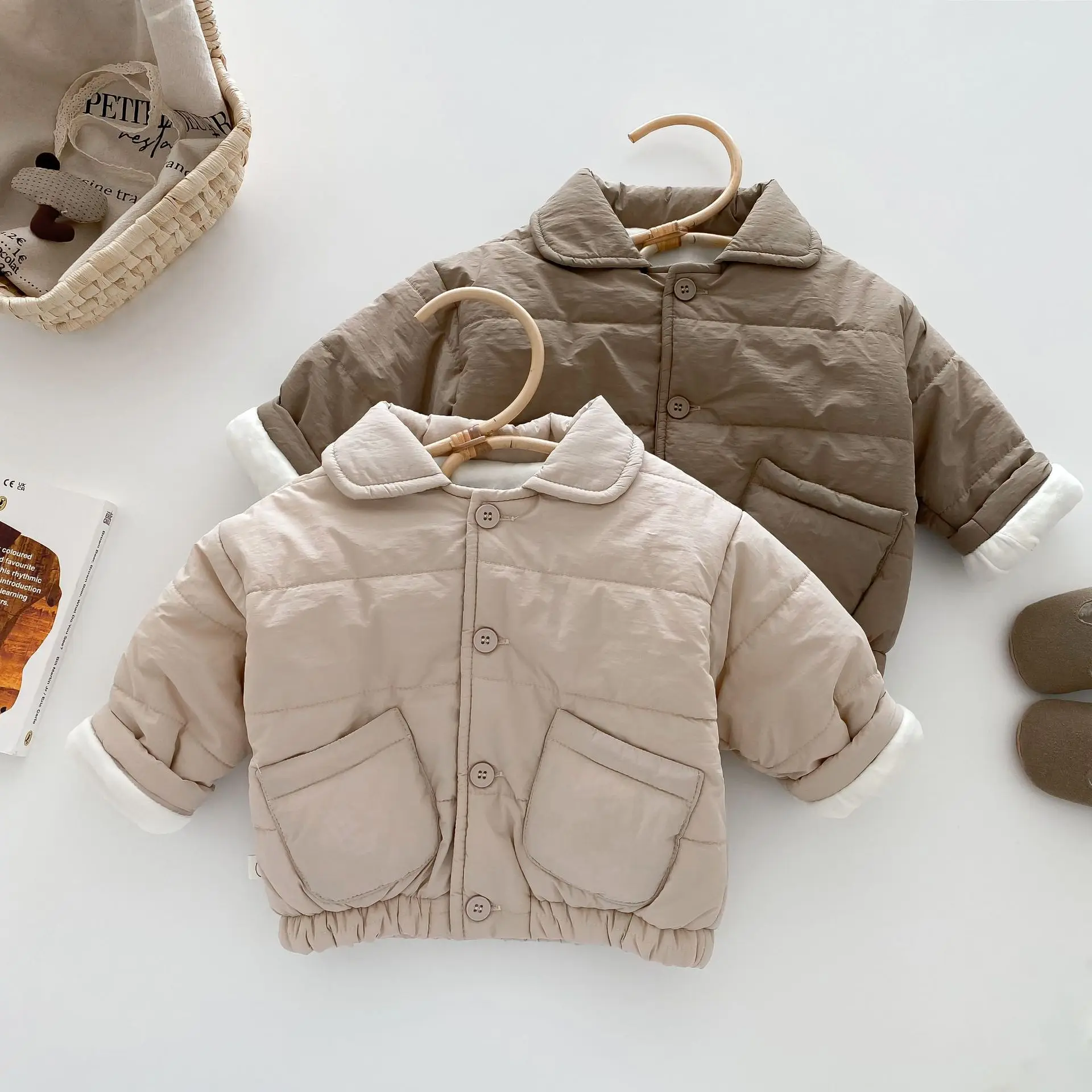 

Autumn Winter Children's Cotton-padded Clothes Solid Color Flip Tie Pocket Button Thickened Windproof Warm Casual Jacket Coat