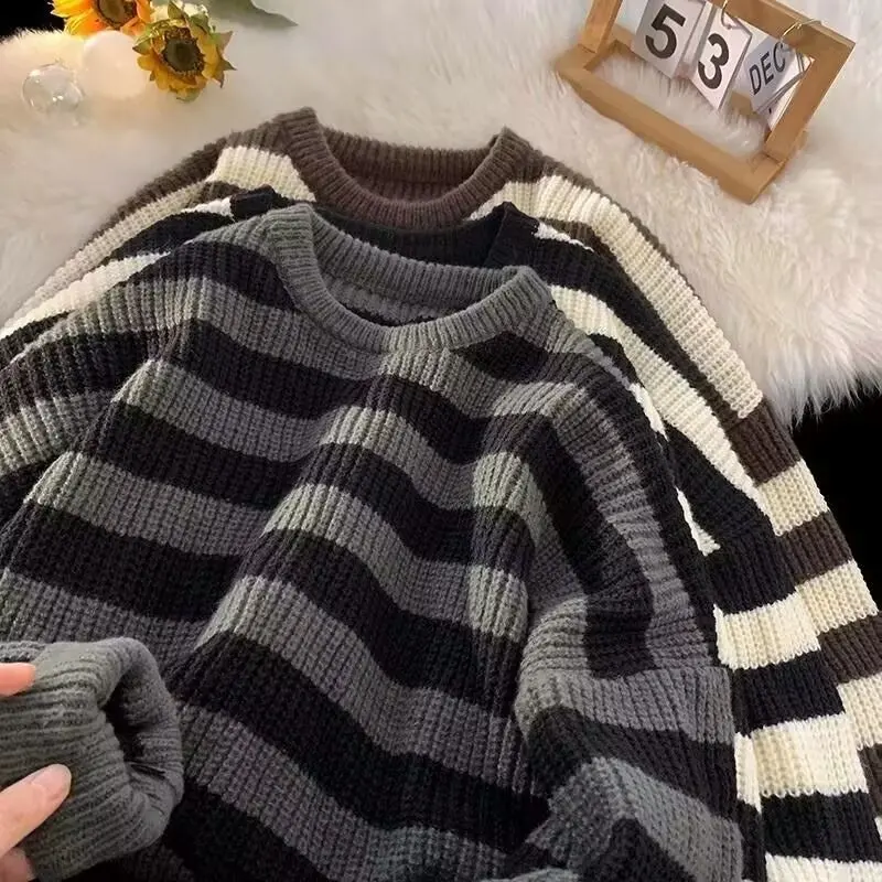 

Men's Loose Fit Thiened round Ne Knitwear Autumn Winter Large Size Color Blo Striped Sweater Warm Outerwear Casual Wear