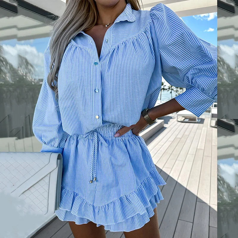 Office Lady Striped Print Two-piece Set Women 2023 Spring Single Breasted Blouse & Ruffle A-Line Skirts Suit Casual Chic Outfits