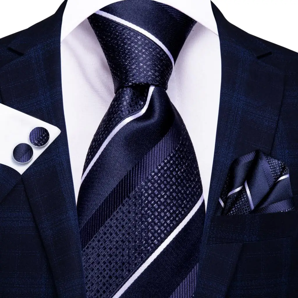 Cravatta da sposa da uomo in seta a righe blu Navy Hi-Tie per uomo Set di cravatte regalo con gemelli Hanky di qualità Business Party Fashion Designer