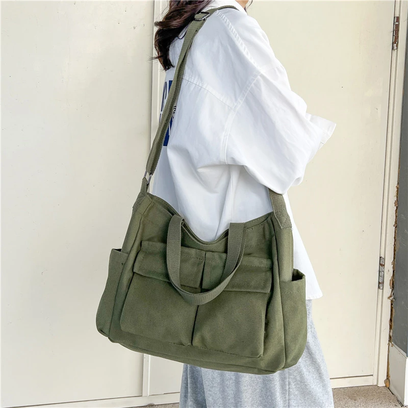 Casual Canvas School Bag For Women Versatile Large Capacity Messenger Bag Female Military Green Travel Shoulder Handbag Tote Bag