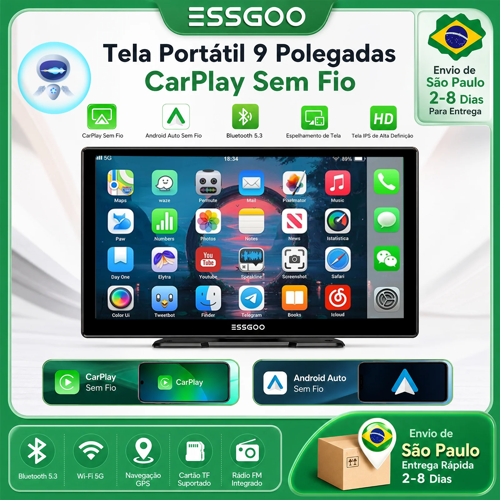 ESSGOO Tela Portátil Universal de 9" Sem Fio CarPlay Câmera de Ré HD Rádio DVR MP5 Leitor Multimídia para Carro Android Auto