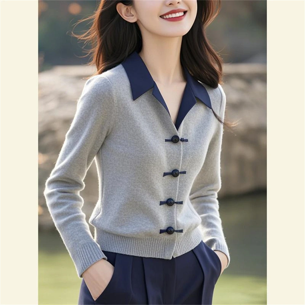 

Autumn High-end Temperament Tops New Chinese Style Gray Stitching Lapel Sweater Women's Japanese Korean Casual Knitted Cardigan