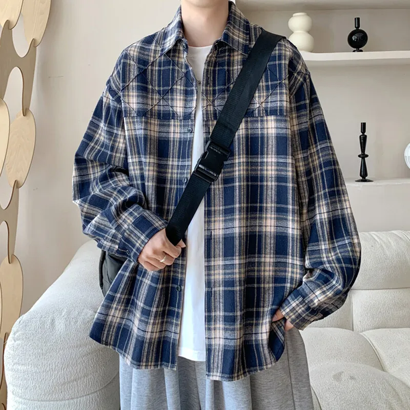 

Casual Men's Loose Plaid Shirts Jackets 2025 Spring Autumn Checker Long-Sleeve Cotton Blouse Coats Plus Size M-5XL Tops Clothing