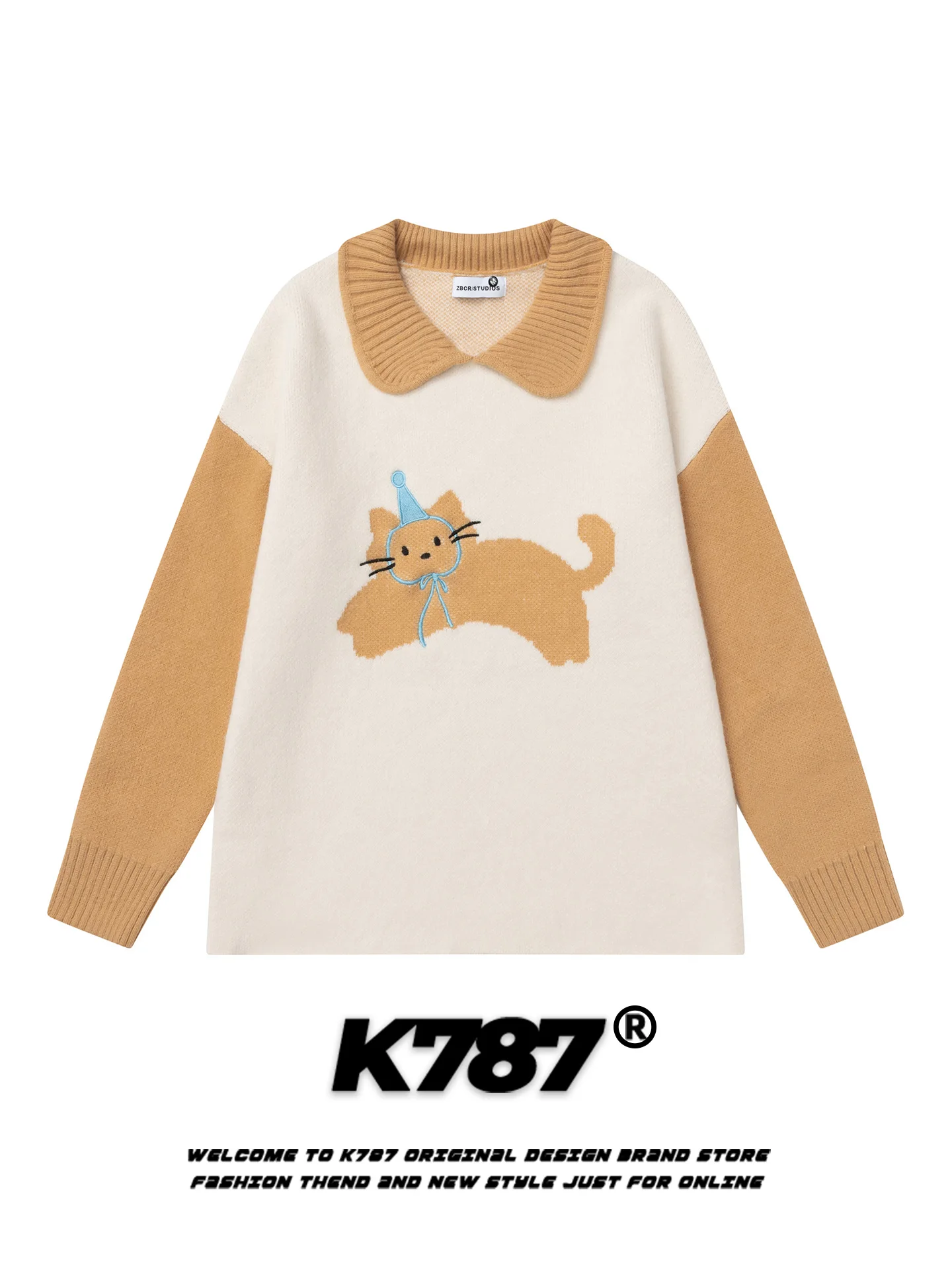 

Американский уличный свитер с мультяшным принтом и воротником, женский, свободный, повседневный, в стиле колор-блок, вязаный, в стиле лэйзи-шик