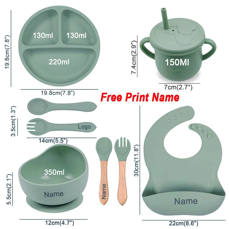 8Pcs Silicone Tableware Set Personalized Name Logo Baby Feeding Set Spoon Fork Suction Cup Bowl Silicone Dinner Plate For Kids