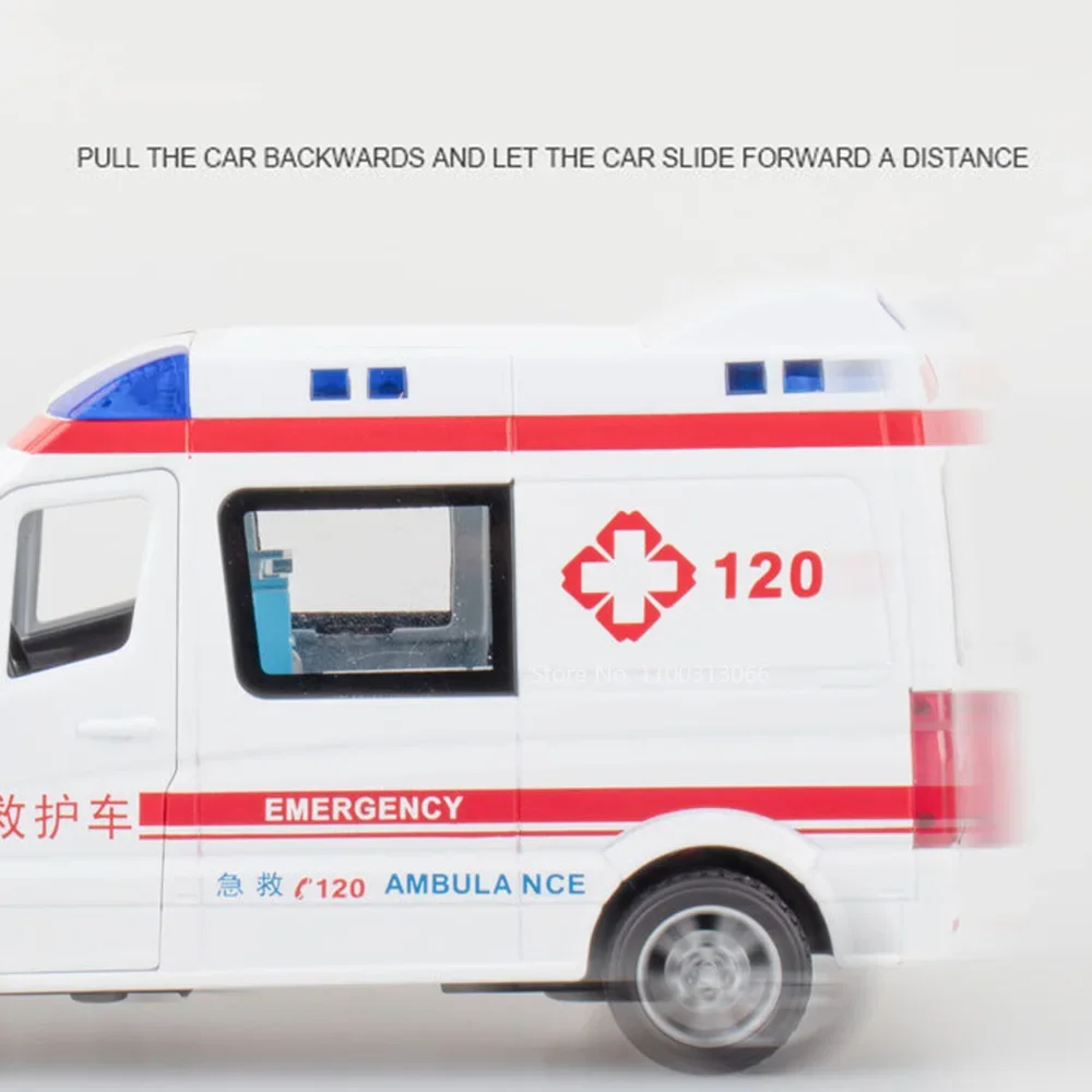 Schaal 1:32 Ambulance Auto's Speelgoed Miniatuur Modellen Metaal Diecast Rubber Banden Wiel Trek Voertuigen voor Kinderen Educatief Speelgoed