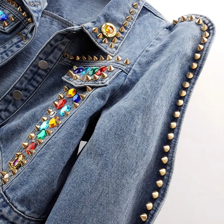 New Fashion Rive Denim Coat for Women Colorful Faux Gemstone Denim Jacket Hip Pop Streetwear Clothes Women Jackets