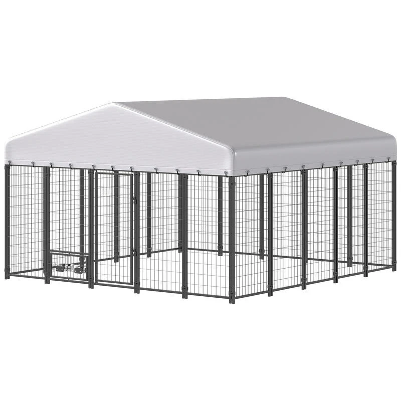 

9.8' X 9.8' X 6' Outdoor Dog Kennel, Dog Kennel Outside Run with 360° Rotating Bowls, Waterproof & UV Resistant Cover