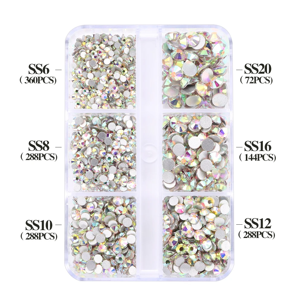 1440Pcs Mix Size SS6-SS20 6-Grid Glass Flatback Rhinestone Plating Color Stone Nail Decoration Multi Color Clothing Accessories