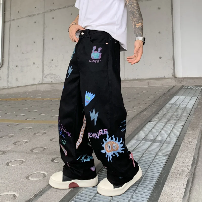 

14008 High Street Trend Jeans Men Printed Patch Leather Loose Tide Wide Leg Hip Hop