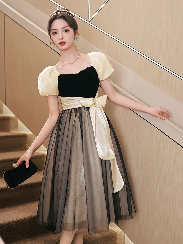 

Women's Black Temperament Evening Dress For Women Bow Belt New Gradient Dress Girl Birthday Party Banquet Dresses