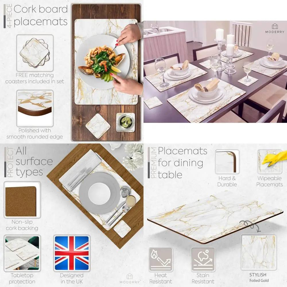 

4 Heat-Resistant Marble-Inspired Cork Placemats and Coasters, 16x12 Inches, Gold-Toned