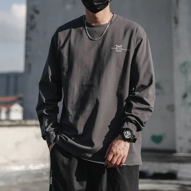 2024 Spring Autumn Men's New Pullover O-Neck Spliced Printed Letter Fashion Solid Color Loose Casual All-match Long Sleeve Tops