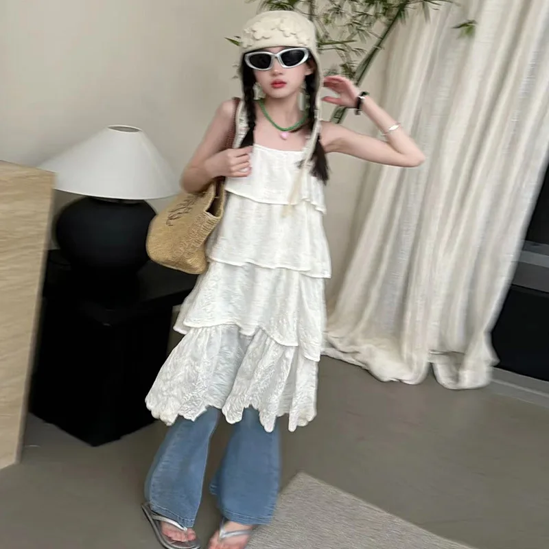 Girls Fashion Dress Summer 2024 New Fashion Children Slip Dress Big Child Cake Dress Summer Simple Casual Skirt Clothes