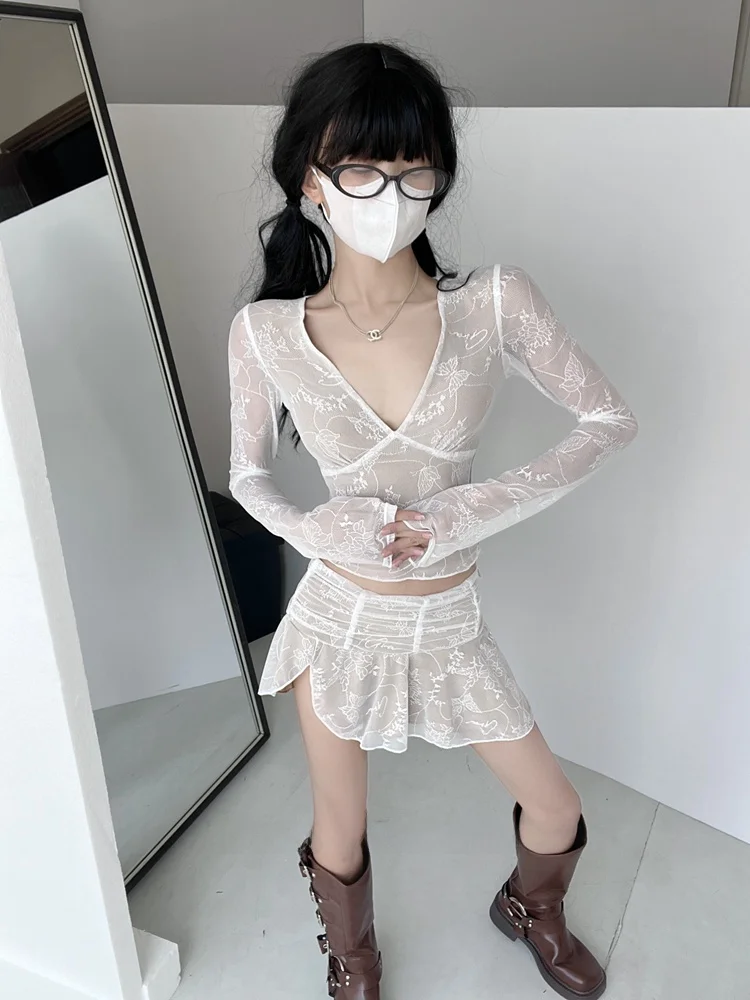 Sweet And Spicy Lace Set Long Sve Chiffon Top Women Spring Summer Pure Desire Sexy Slim Fit See tough Inner Low Waist ...