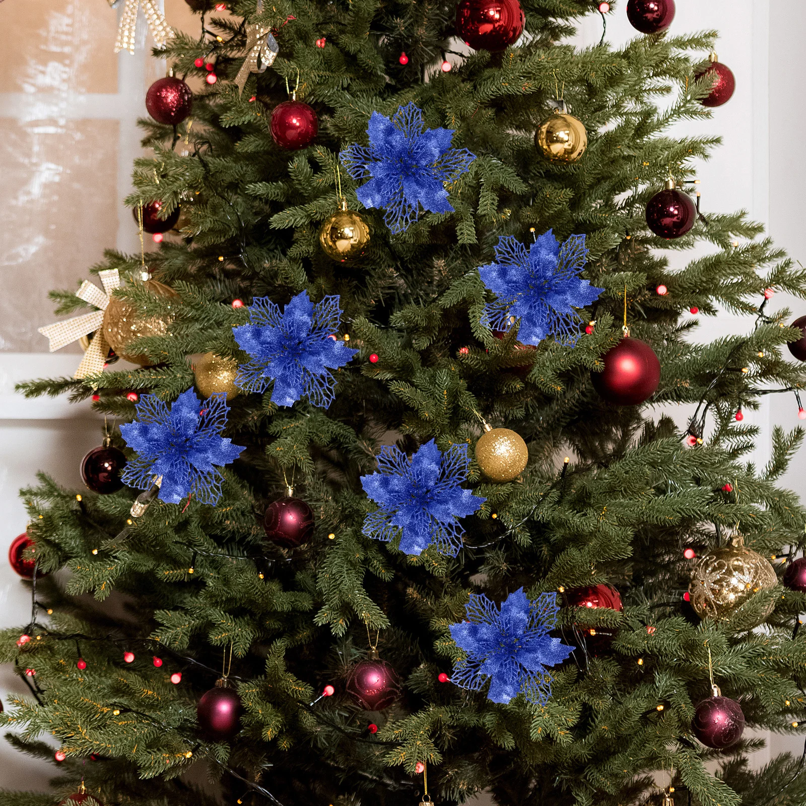 

1Set Christmas Tree Glitter Poinsettia Flowers Hollow Artificial Fake Flowers Ornament for Holiday Decoration Christmas Ornament