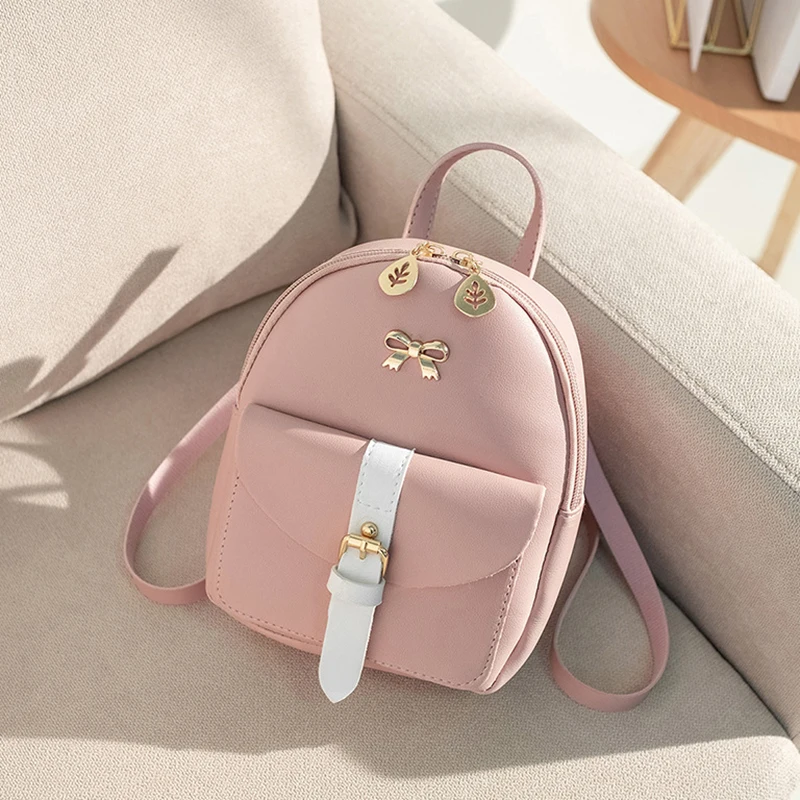 Women\'s Mini Backpack PU Leather Kawaii Backpack Cute Graceful Bagpack Small School Bags For Girls Bow-knot Leaf Hollow