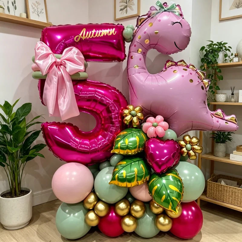 48-teiliges Kronen-Dinosaurier-Ballon-Set in Rosé-Pink mit Zahlenballons, Makronen-Ballons für Festliche Partydekoration und Überraschungsgeschenke