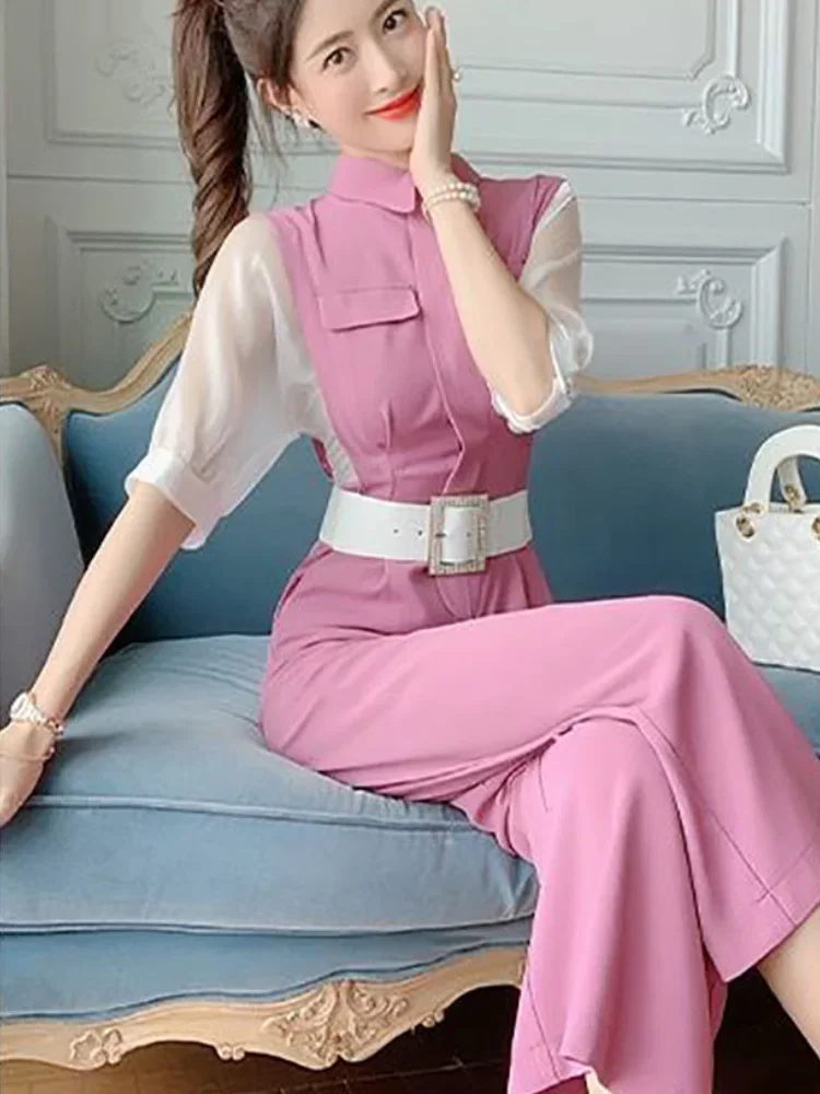 

Women's Blouse And Pants Two Piece Set Wide Leg Summer 2024 Ladies Trouser Shirt Comfortable Chic Elegant Offer Korean Style D