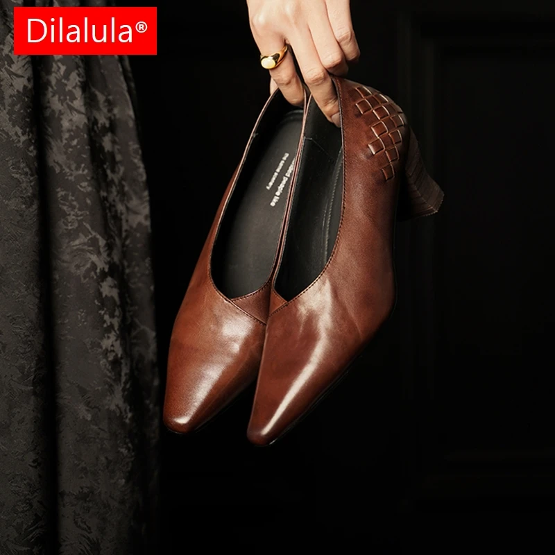 

Dilalula 2026 Quality Natural Leather women's Pumps High Thick Heels Office Ladies Shoes For Spring Retro Leather Weave Pumps