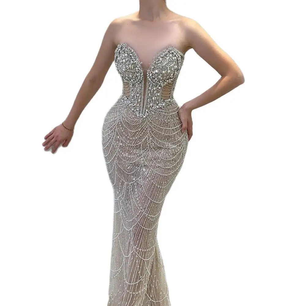 Robe de Soirée Luxueuse en Forme de Sirène pour Femme, Tenue de Style Arabe, de Couleur Chérie, Nude, avec Perles de Clip, pour ixde Mariage, Nouveau Design