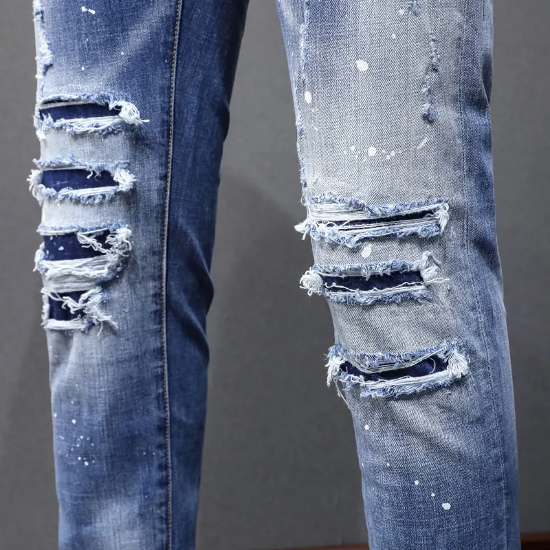 Y2K Street Fashion High Quality Men's Jeans Retro Blue Stretch Slimming Painted Ripple Jeans Men's Splicing Hip Hop Brand Design