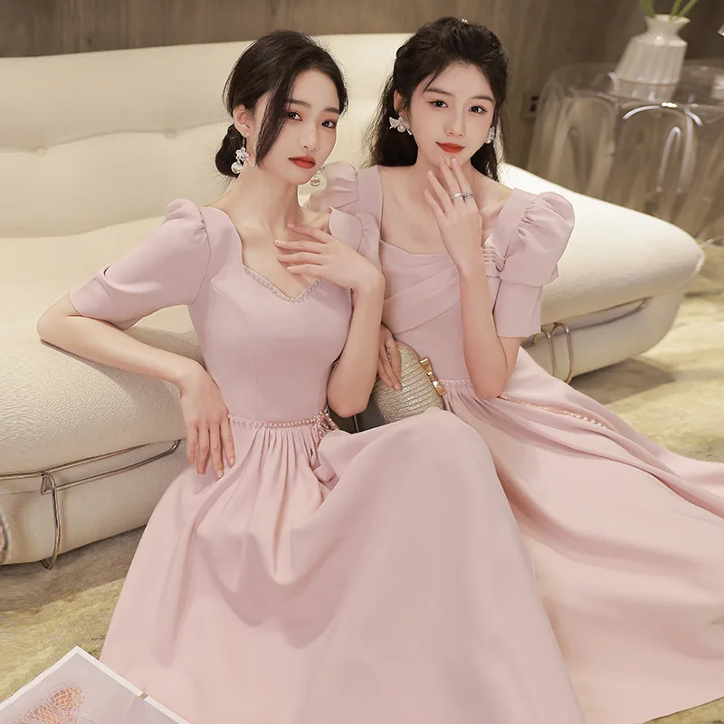 Pink Satin Bridesmaid Dress 2023 New Slim Wedding Sisters Group Evening Dress 4 Style Sweetheart Neck A-Line Graduation Vestido