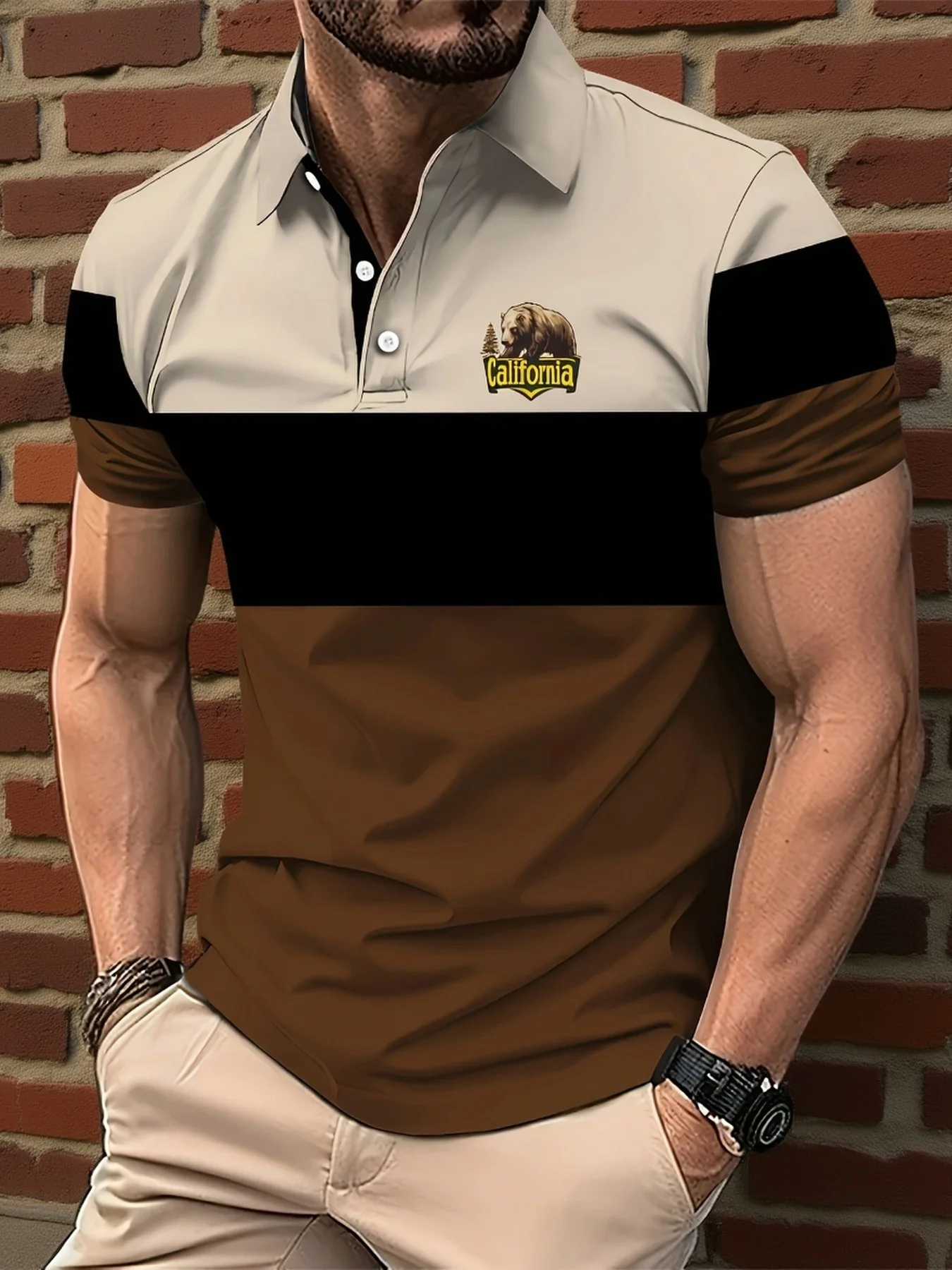 New men's short-sleeve polo shirt T-shirt, loose-fitting and tailored with printed patterns, versatile basic crew-neck top suita