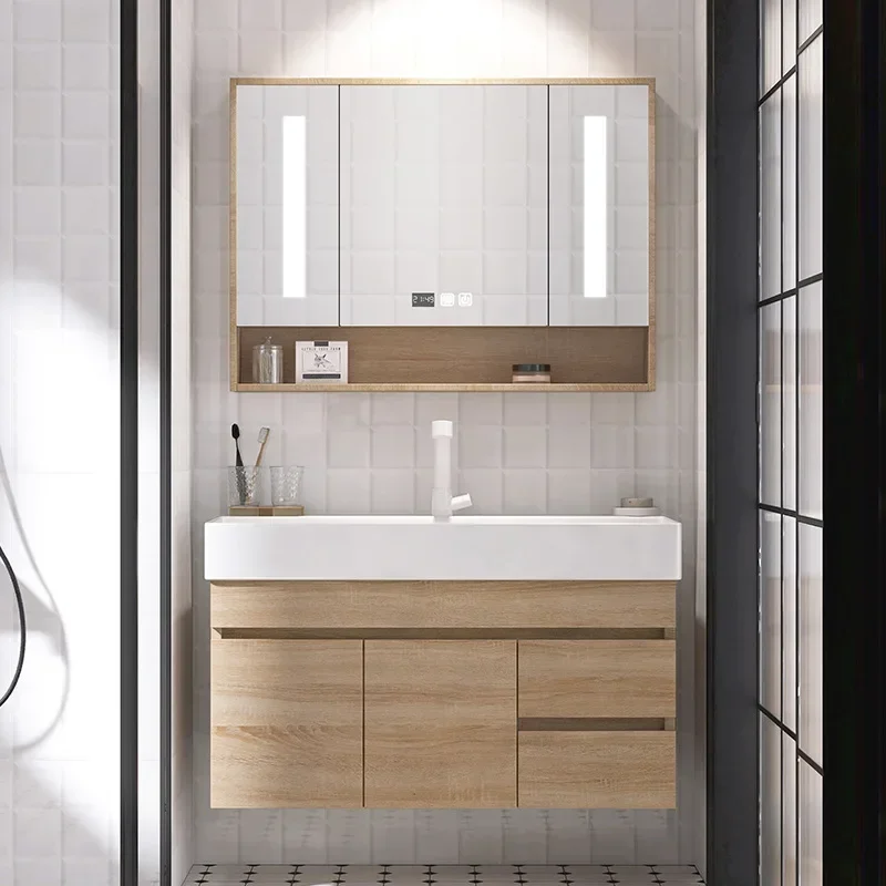 Moderno simples cerâmica integrado grande bacia luz de luxo lavatório espelho inteligente log cor armário do banheiro