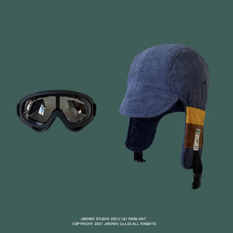 Pilot Lei Feng Hat Male Winter Vintage Contrast Color Windshield Earphone Protection Car Hat Outdoor Cold Ski Hat Female Fashion