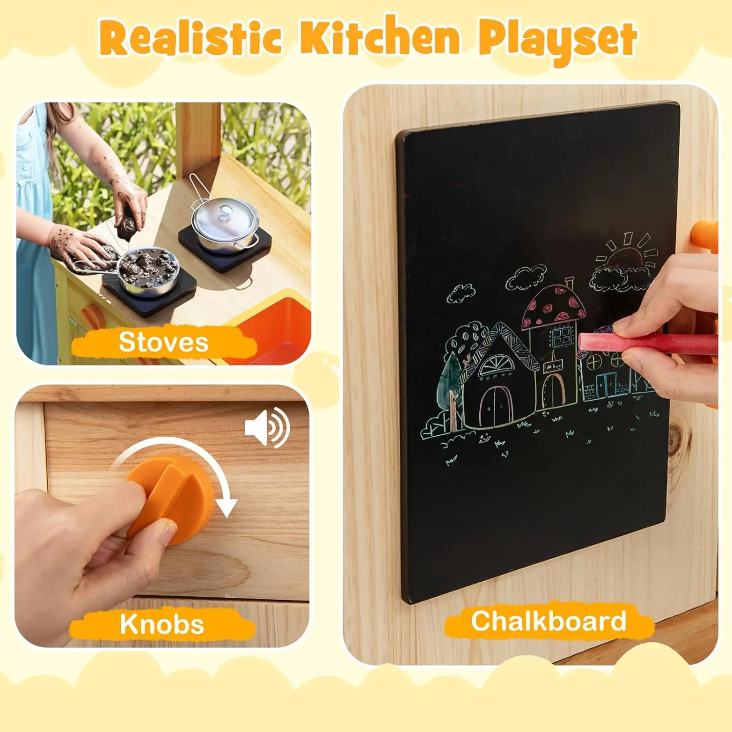 Cozinha de lama, cozinha de brincar ao ar livre de madeira de abeto para crianças, 4 copos de plantio, panelas, torneira e pia, placa acrílica diy e blackboard