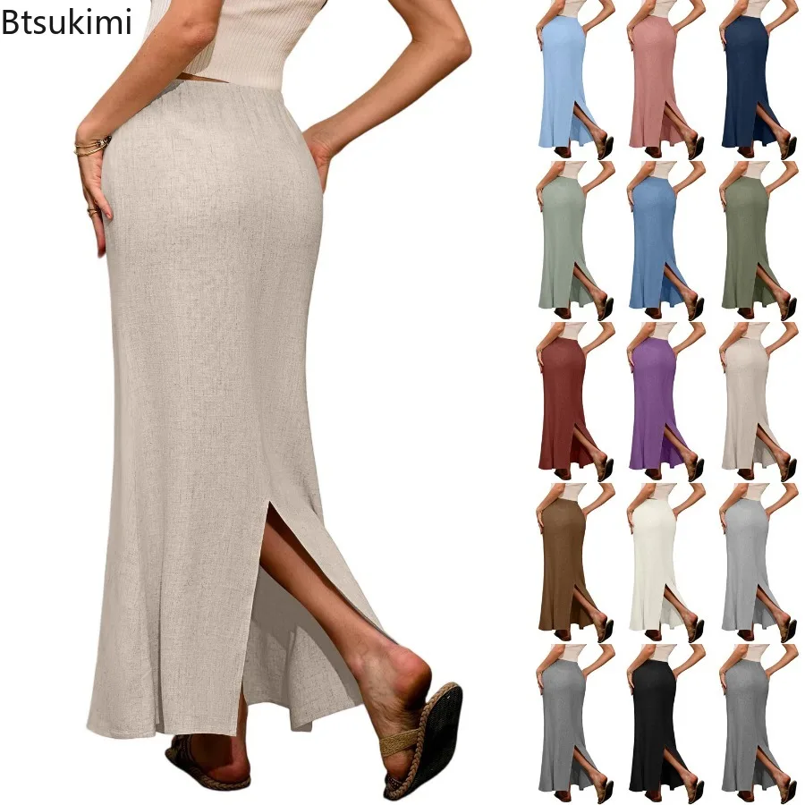 New 2026 Women's Solid Casual Maxi Skirts Summer Fashion Fishtail Split Skirt Drawstring Lace Up Sexy Slit Half Skirts for Women