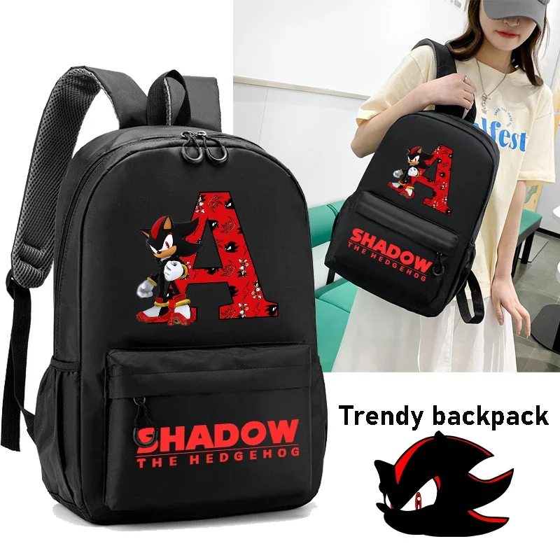 Sonics Backpack Fashion Letter A-Z Printed Black Solid Shadows Boys Large Capacity Travel Bag Cartoon Anime Zipper Students Bags