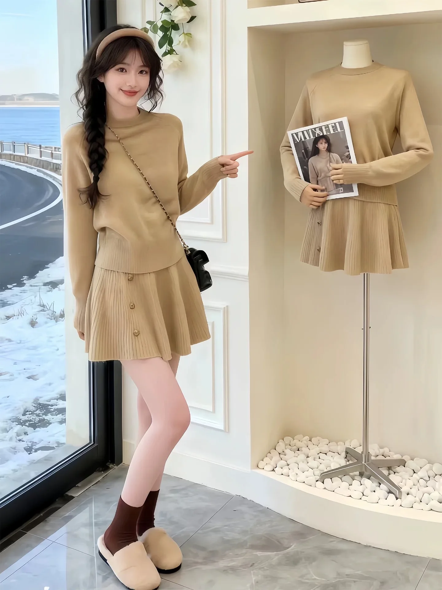 

Осенне-зимний вязаный комплект: свитер и юбка с высокой талией, короткая юбка, длинный рукав, круглый вырез, повседневный стиль, полиэстер