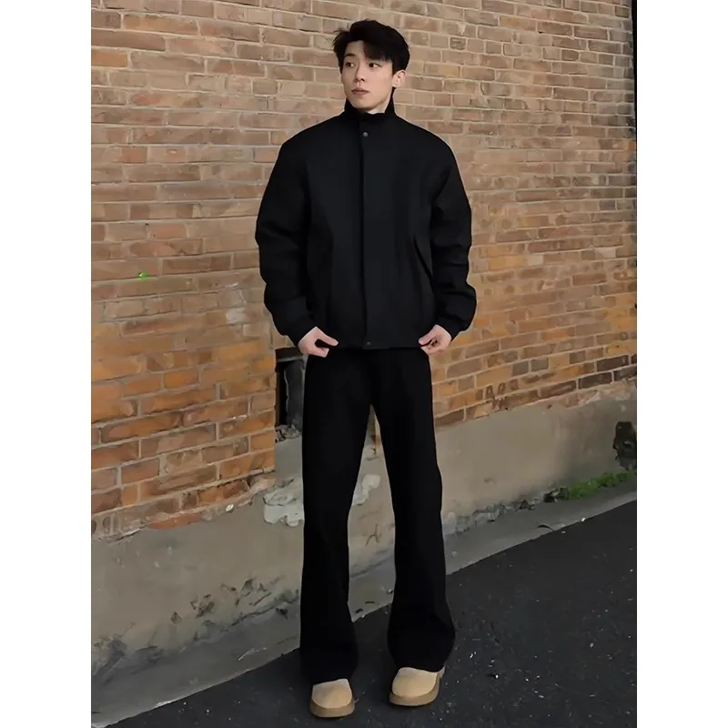 American Style Cleanfit Black Fleece Lined Flared Jeans Men's Thick Winter High Street Vibe Knife  Pants Straight Leg Jeans
