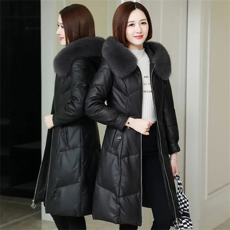 Black Loose Long Coat Windproof PU Leather Jacket Female Down Cotton Overcoat Thicken Winter Women Warm Hooded Snow Parkas Coat