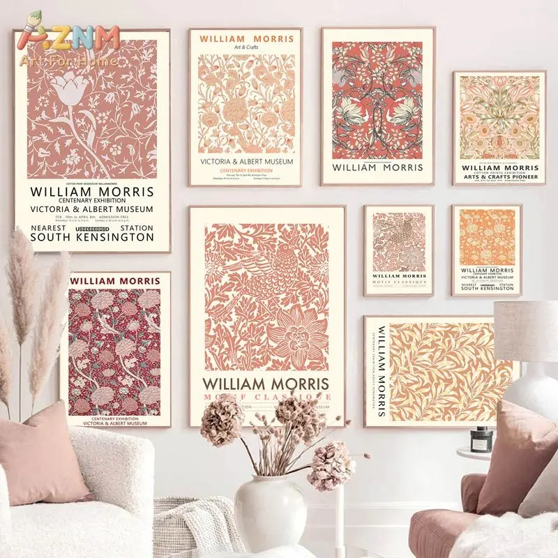 AZNM William Morris Vintage Floral Canvas Print Botanical Flower Museum Exhibition Neutral Aesthetic Living Room Wall Decor Unfr