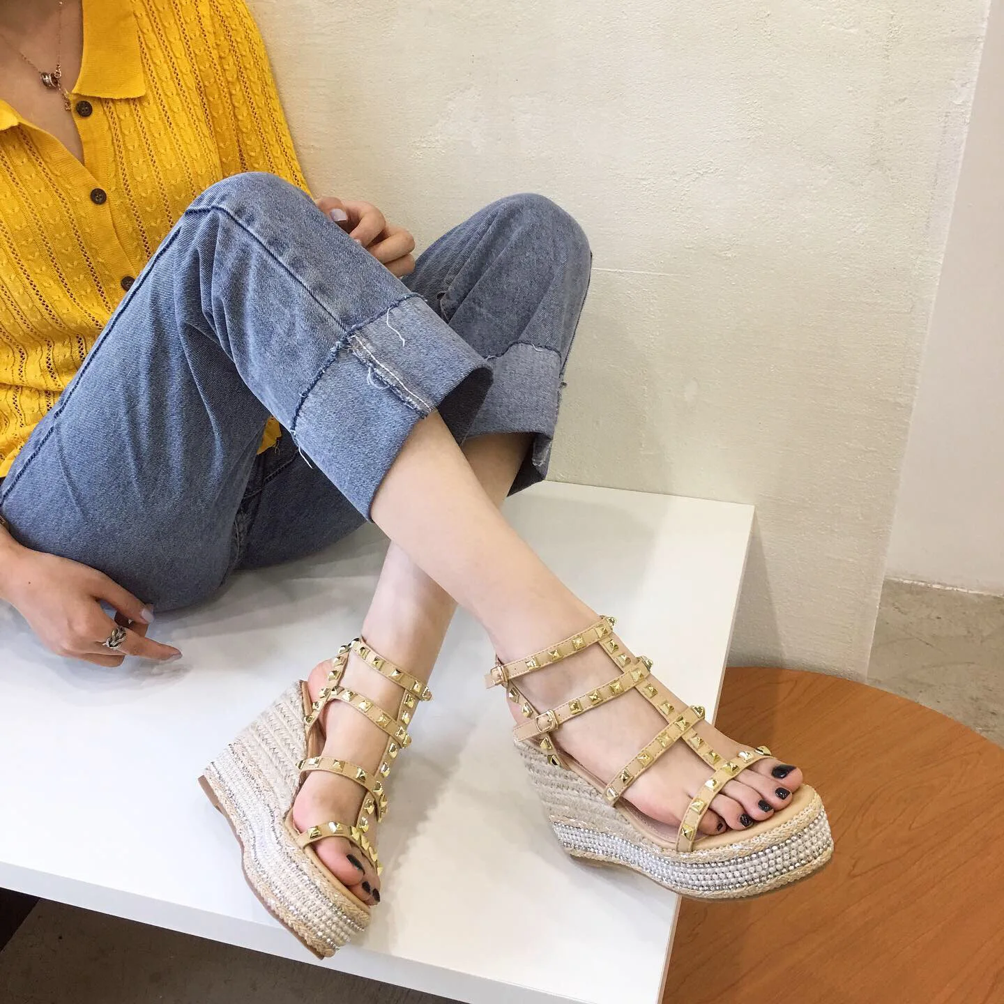 Studded Sandals 2024 Women\'s Espadrilles Platform Clogs Wedge High Heels Ladies Shoes Summer Suit Female Beige New Sexy Comfort