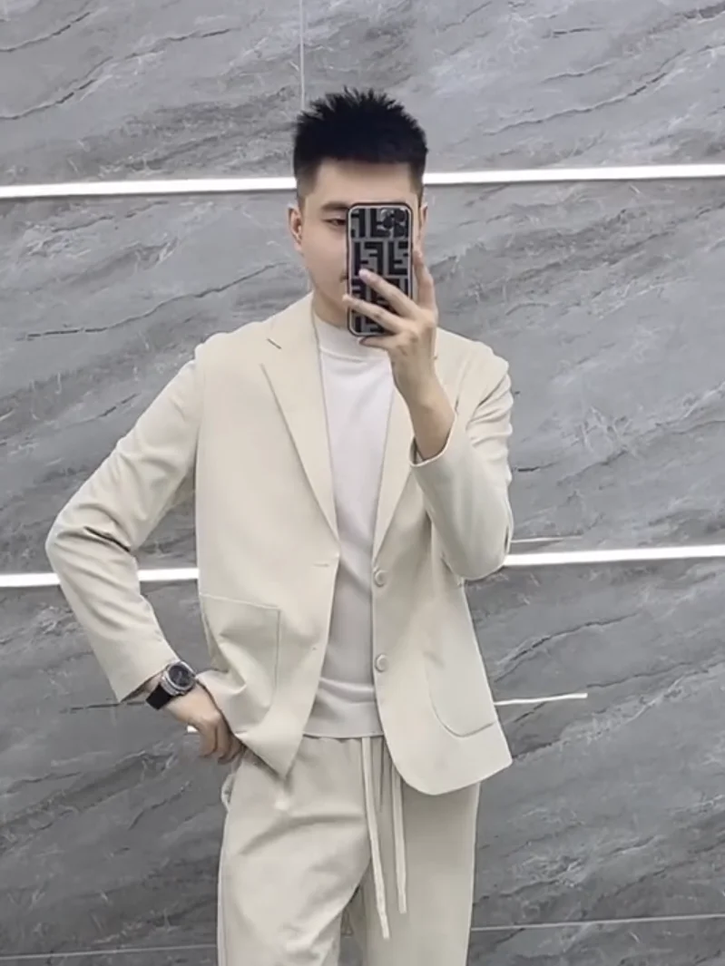 

Spring Autumn Men's Casual Faionable Light Maturi Sle Suit Jaet Loose Pants Stand Fit Busin Casual Long Sve