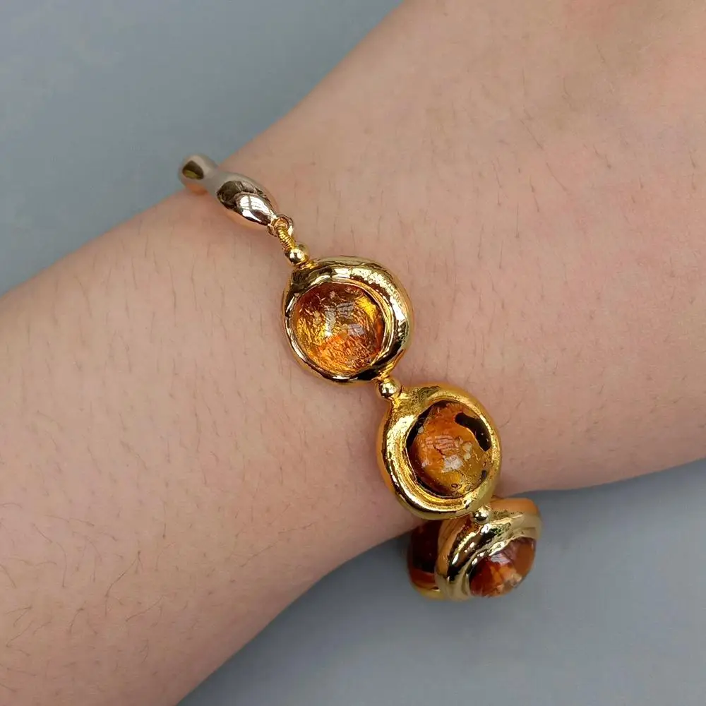 Y·YING Golden Brown Murano Glass Gold Plated Bangle Asymmetric Beaded Bracelet