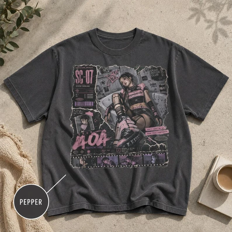 Y2K Dark Grunge Shirt, Error 404 Graphic Tee, Pink Black Streetwear  t shirts for men