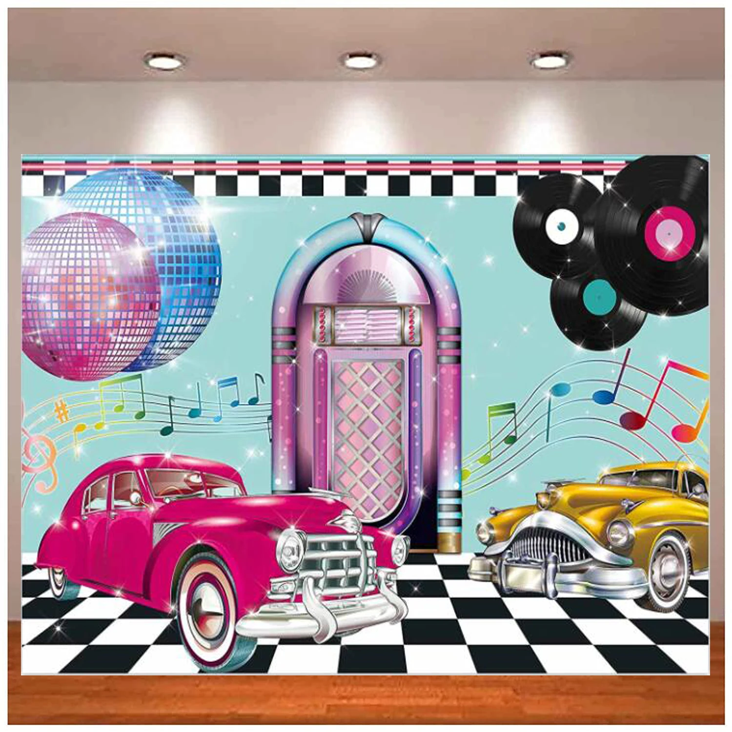 

50's Sock Hop Backdrop 1950s Rock Roll Prom Dance Birthday Diner Party Decor Music Classic Disco Retro Cars Background Banner